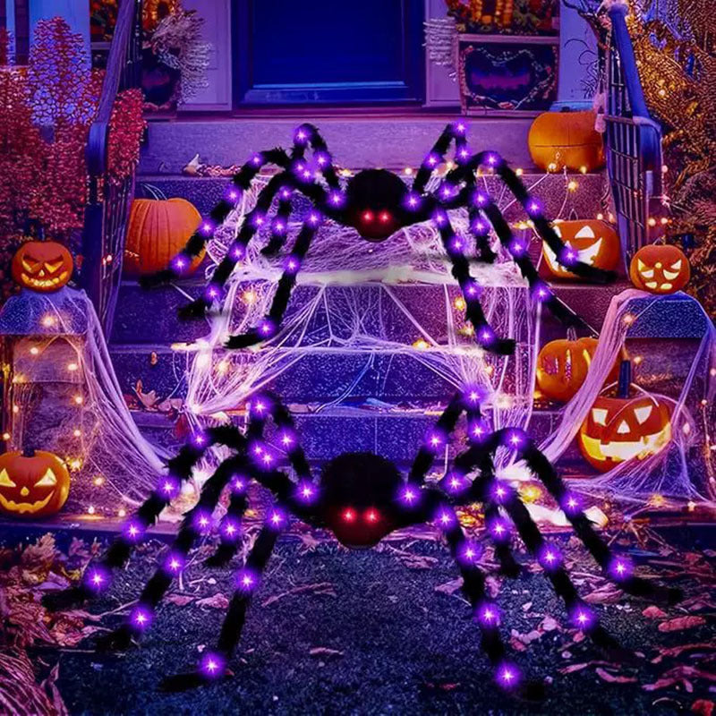 Lighted Halloween Triangular Spider Web with Giant Hairy Spider LED Purple Orange Glowing Web Outdoor Yard Decor Giant Plush Spider Haunted House Prop