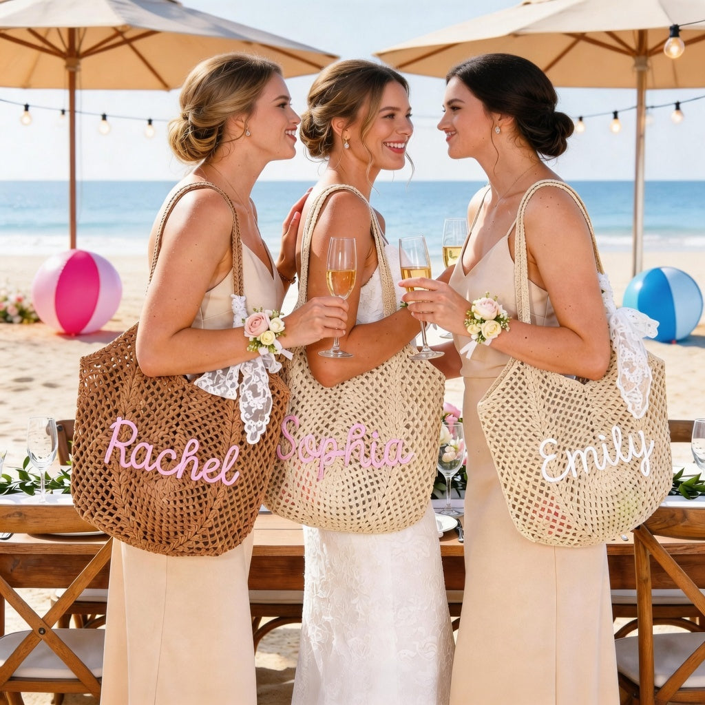 Personalized Crochet Beach Bag with Custom Name Monogrammed Straw Style Mesh Bag for Summer Vacation Hand Knit Name Tote Bag