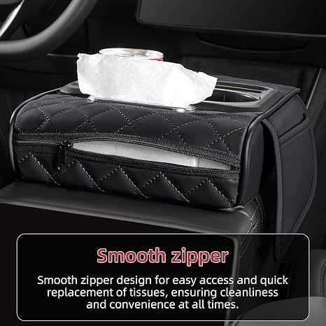 Custom Name 5 in 1 Nappa Leather Console Armrest Cover, Black | Built-in cup holder, tissue slot, phone holder & 2 storage pockets, practical car accessories fit SUV sedan truck