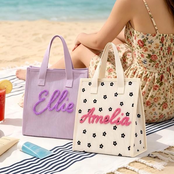 Personalized Corduroy Lunch Bag, Custom Name Soft Insulated Tote for Work School Picnic Back To School Gift For Her