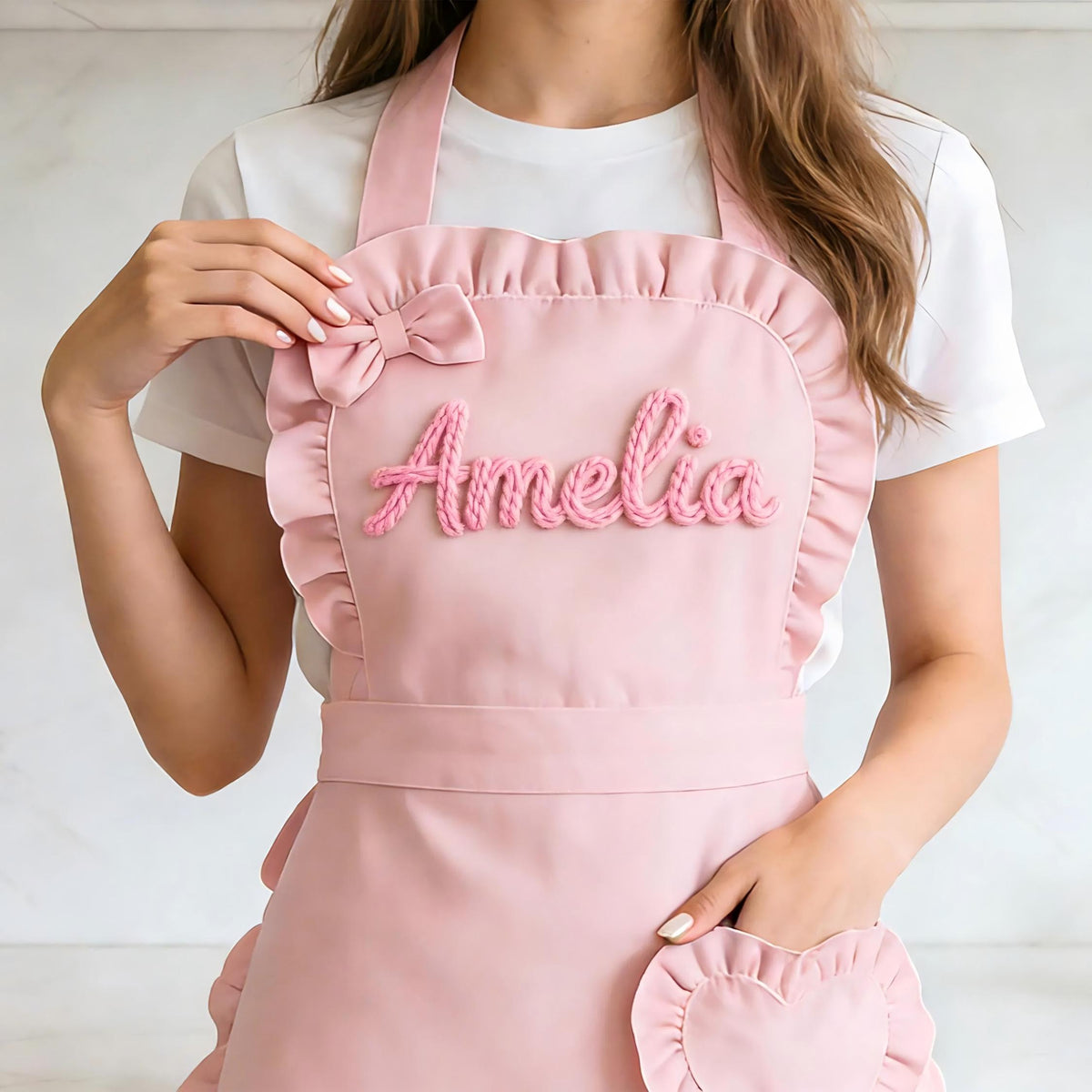 Custom Name Pink Apron Ruffled Heart Pocket Baking Lover Gift for Her
