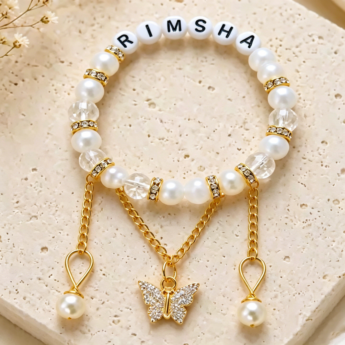 Custom Name Bracelet Beaded Personalized Wristband Gold Tone Butterfly Tassel Pearl Charm ID Alphabet Jewelry Gift for Women