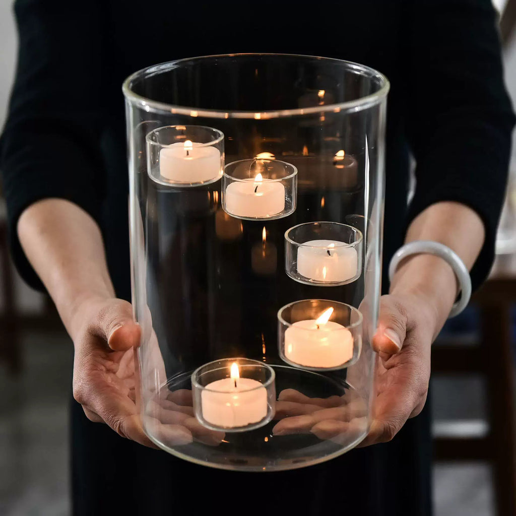 Halloween Multi-Tier Glass Hurricane Tealight Candle Holder Large Spiral Floating Glass Votive Holder for Pumpkin Candles Spooky Fall Table Centerpiece Halloween Party Decor