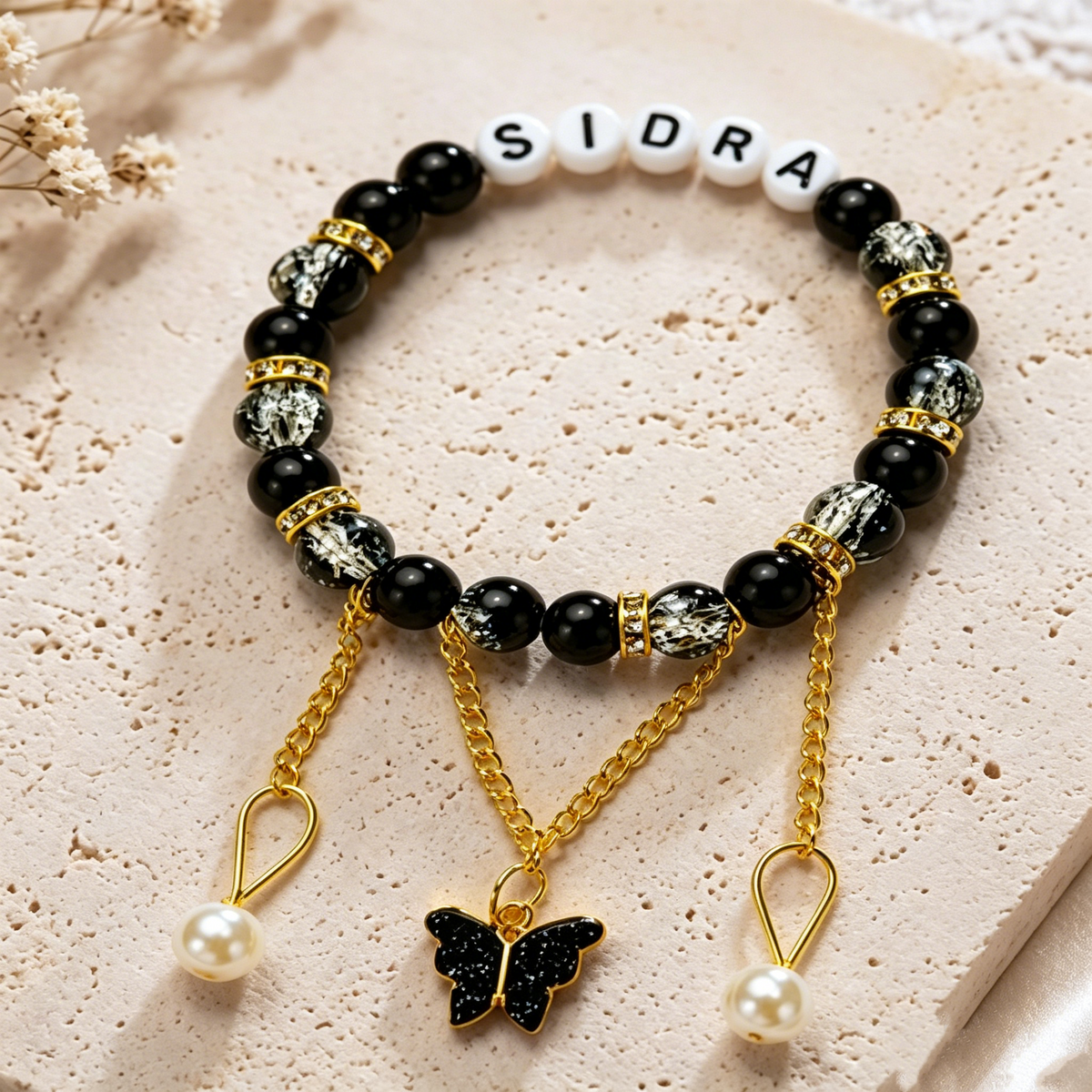 Custom Name Bracelet Beaded Personalized Wristband Gold Tone Butterfly Tassel Pearl Charm ID Alphabet Jewelry Gift for Women
