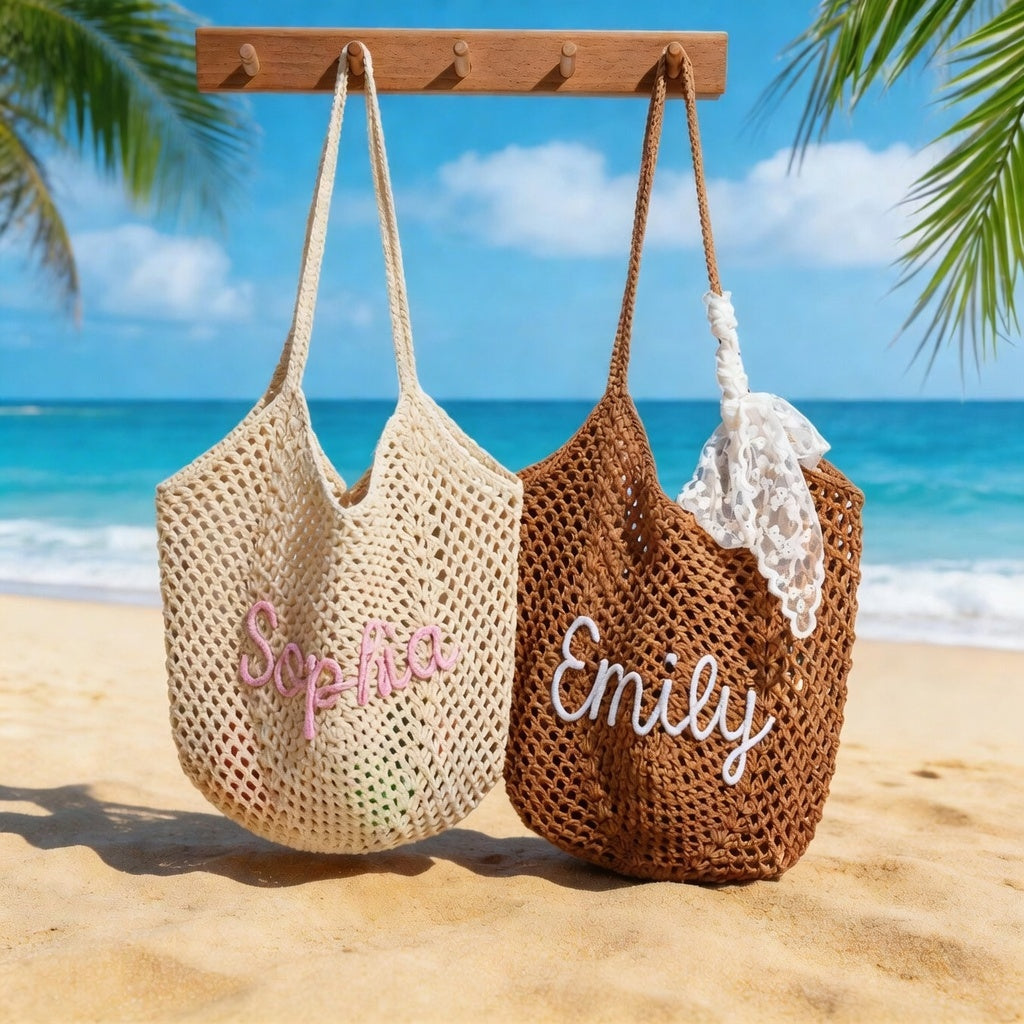 Personalized Crochet Beach Bag with Custom Name Monogrammed Straw Style Mesh Bag for Summer Vacation Hand Knit Name Tote Bag