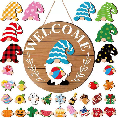 35pcs Highland Cow Sign Interchangeable Welcome Sign with Magnet Detachable Hats Accessories Cute Gnome Wooden Sign Hanging for Halloween Holiday Seasonal Decorations Birthday Party Home Wall Office Living Room Garden Farmhouse Porch