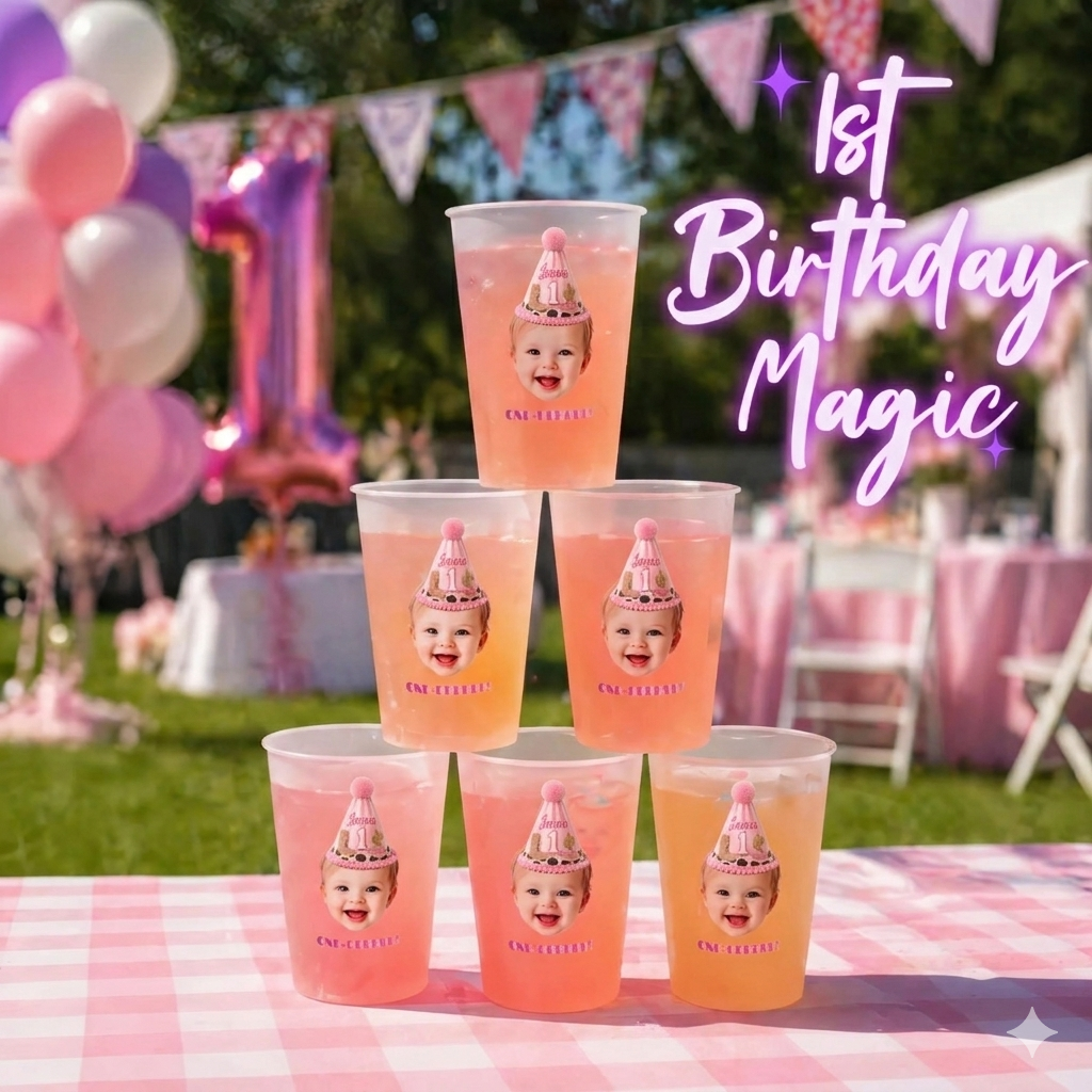 Personalized Plastic Cups with Faces | Personalized First Birthday Party Favors