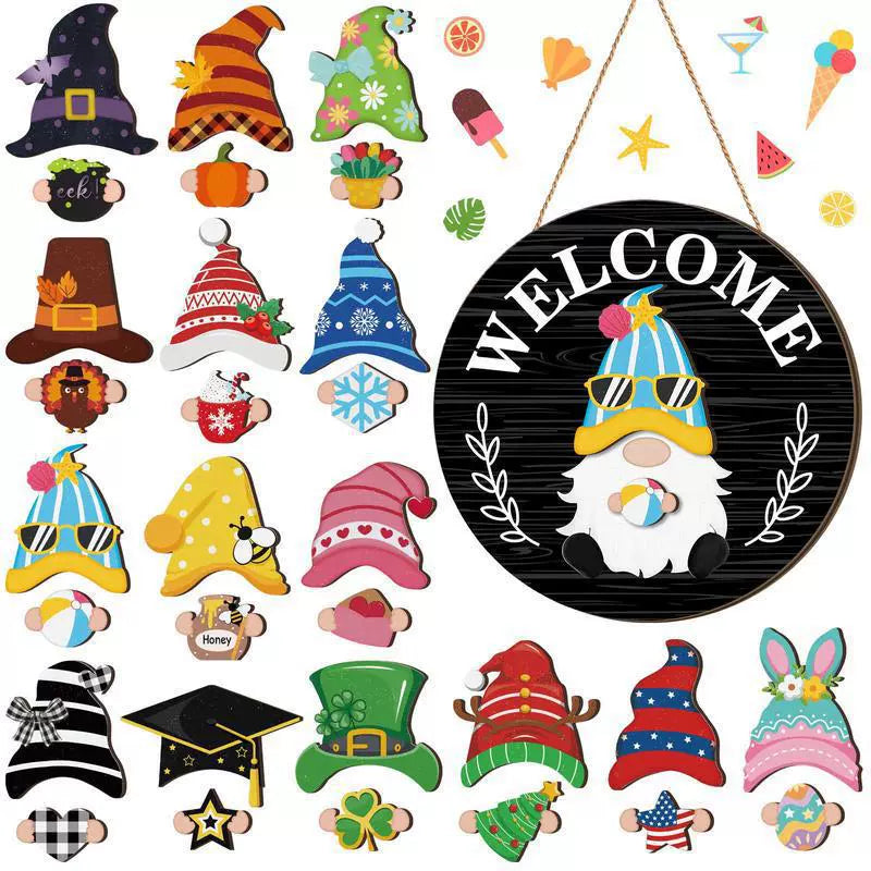35pcs Highland Cow Sign Interchangeable Welcome Sign with Magnet Detachable Hats Accessories Cute Gnome Wooden Sign Hanging for Halloween Holiday Seasonal Decorations Birthday Party Home Wall Office Living Room Garden Farmhouse Porch